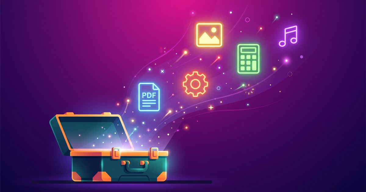 A toolbox opening with glowing tool icons rising out of it